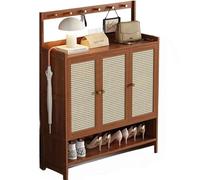 Gabinete de almacenamiento de zapatos de bambú: organizador de náufrago independiente con compartimento oculto, 1-4 puertas y ganchos, diseño de ratán de plástico para entrada, marrón, 98x32x131cm