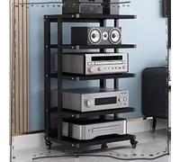 Gabinete de audio y vídeo de varios niveles negro con rueda de freno, ideal para componentes de audio HiFi y consolas de juegos, 96 cm de alto