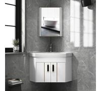 Gabinete de baño compacto montado en la pared flotante mini almacenamiento de esquina 3 opciones de color con grifo plateado, ideal para baños y apartamentos pequeños, blanco, juego de 2-48 cm