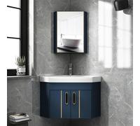 Gabinete de baño compacto montado en la pared flotante mini almacenamiento de esquina con grifo plateado, 3 opciones de color, ideal para baños pequeños y apartamentos, azul, juego de 56 cm