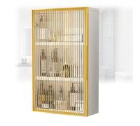 Gabinete de baño de madera dorado montado en la pared con puertas de cristal, almacenamiento de ducha de metal sobre el inodoro para lavandería y sala de estar (35 x 14 x 75 cm)