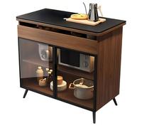 Gabinete de cocina multifuncional con puertas de vidrio templado y parte superior de piedra sinterizada, tamaño pequeño, diseño moderno para almacenamiento elegante y comedor (marrón)