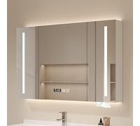 Gabinete de medicina inteligente LED para baño con luces de 3 colores, espejo de madera antivaho, espejo de tocador montado en la pared, con soporte para pañuelos de pantalla de tiempo y temperatura