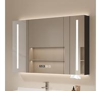 Gabinete de medicina inteligente LED para baño con luces de 3 colores, espejo de madera antivaho, espejo de tocador montado en la pared con soporte para pañuelos de pantalla de tiempo y temperatura