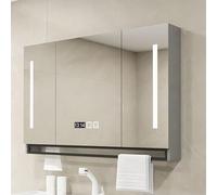 Gabinete de medicina LED inteligente con espejo HD, antivaho, montaje en pared, tocador de baño de tres colores, luz LED de tiempo y temperatura, toallero y soporte para papel (gris, 31.5 x 4.7 x 29.5