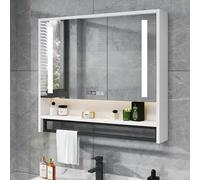 Gabinete de medicina LED inteligente con espejo y luces para baño, antivaho, almacenamiento en la pared, visualización de tiempo, regulador de luz de 3 colores, armario moderno con espejo iluminado