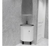 Gabinete de tocador de baño esquinero con espejo, ahorro de espacio, montado en el suelo, combo de inodoro pequeño y lavabo de mano (16.15 pulgadas de ancho) para espacios reducidos