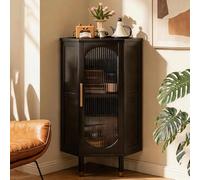 Gabinete esquinero de suelo, botiquín de bambú con puertas y estantes, armario de almacenamiento de esquina independiente para baño, cocina, sala de estar, lavandería (negro, puerta de ratán de