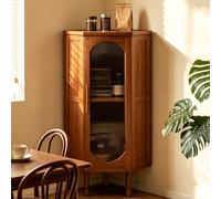Gabinete esquinero de suelo, botiquín de bambú con puertas y estantes, armario de almacenamiento esquinero independiente para baño, cocina, sala de estar, lavandería (marrón, puerta de ratán de