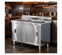 Gabinete for Fregadero de Acero Inoxidable Gabinete de Almacenamiento con Puerta Corredera Diseño de Doble Lavabo Pies Ajustables Protector Contra Salpicaduras Elevado Manijas Empotradas