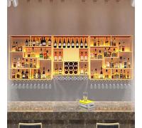 Gabinete industrial de metal para vino con luces LED, 200 cm, estante de vino de gran capacidad, soporte para botellas de pared, tira de hierro dorado, soporte de vino para el hogar, bar y decoración