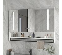 Gabinete LED con espejo de baño con almacenamiento, botiquín inteligente con espejo HD, desempañador, interruptor táctil y visualización de tiempo, color blanco (90 x 13 x 80 cm)