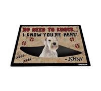 GABSHAIM Divertido felpudo blanco en miniatura Schnauzer con nombre personalizado de perro cachorro No Need to Knock I Know You're Here Woof Print 23.6 x 15.7 pulgadas