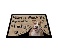 GABSHAIM Felpudo con texto en inglés "Visitors Must Be Approved by The Dog" divertido Staffordshire Terrier, tapete personalizado para decoración del hogar, 17.7 x 27.5 pulgadas