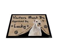 GABSHAIM Felpudo con texto en inglés "Visitors Must Be Approved by The Dog", divertido tapete blanco en miniatura Schnauzer personalizado para decoración del hogar, 17.7 x 27.5 pulgadas