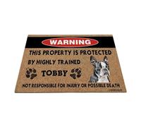 GABSHAIM Felpudo de bienvenida de Boston Terrier, divertido tapete de advertencia de perro en acuarela, personalizado Esta propiedad está protegida por un tapete altamente entrenado, 35.4 x 23.6