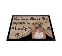 GABSHAIM Felpudo personalizado con texto en inglés "Visitors Must Be Approved by The Dog" de Staffordshire Bull Terrier para decoración del hogar, 44 x 60 cm