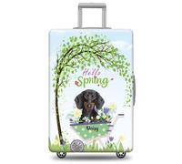 GABSHAIM Funda de equipaje con nombre personalizado, protector de maleta, diseño de perro salchicha con diseño de Hello Spring, elástica, lavable a máquina, maleta de viaje de 18 a 32 pulgadas