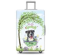 GABSHAIM Funda de equipaje personalizada con nombre de mascota, protector de maleta sonriente, chocolate oscuro, cachorro habanero con diseño de Hello Spring, lavable a máquina, maleta de viaje de 18