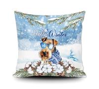 GABSHAIM Hello Winter Welsh Terrier - Funda de almohada con diseño de perro terrier galés, copo de nieve, acuarela, estampado de cachorro, Navidad, decoración del hogar, funda de almohada para sofá,