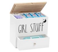 Gachiwar 2 compartimentos de almacenamiento de tampón, diseño de cajones, de madera, para salvaslips con tapa, artículos de higiene para el baño, artículos de higiene para niñas, mujeres (blanco)