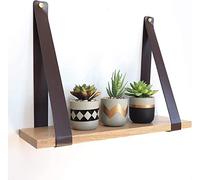 Gadgy Estantería de Pared de Roble Macizo - Estante Flotante con Correas de Imitación de Cuero, Decoración de Madera para Hogar o Oficina - 50x15x2 cm