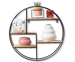 Gadgy® Estantería de Pared Redonda - Estante Flotante con 4 Baldas de Madera Natural y Marco de Metal, Diseño Industrial - 42x10 cm