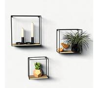 Gadgy Estanterías de Pared de Madera Natural - Set de 3 Baldas Flotantes con Soporte Metálico Negro - Estantes Decorativos Estilo Industrial para Cocina, Salón o Dormitorio