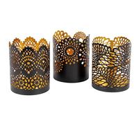 Portavelas Gadgy Negro Oro - Conjunto de 3 Portavelas para Decoración de Mesa - Portavelas de Metal con Patrón de Encaje - Decoración de Metal Negro para Velas - 8,5 x 10,5 cm