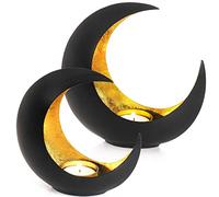 Gadgy Portavelas Luna - Set de 2 Candelabros Decorativos de Metal Negro y Dorado - Porta Velas Oriental de 15 y 21 cm para Decoración de Mesa, Salón o Terraza