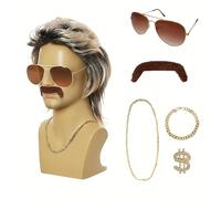 GADITIEK Disfraz de los años 80 para hombre, juego de 6 unidades, peluca de Vokuhila para hombre, accesorios de los años 80, 70, 80, 90, disfraz de proxeneta, discoteca, fiesta