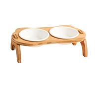 Gadpiparty Comedero Alto para Gatos Doble Cuenco de Cerámica Blanca Soporte de Madera Inclinado Diseño Ergonómico para Protección de Columna Vertebral Apto para Alimentación y Agua de