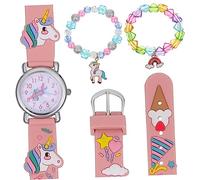 Gadpiparty Conjunto De Reloj y Pulsera para Niña Unicornio, Correa De Silicona Diseño Arcoíris, Movimiento De Cuarzo Preciso, Pulseras Cuentas De Corazón y Perlas, Obsequio Cumpleaños Niñas