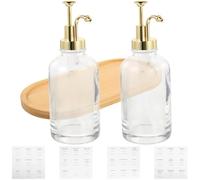 Gadpiparty Juego de 2 Botellas de Jarabe de Vidrio Bomba Dorada, Dispensador de Azúcar y Café, Botella Decorativa para Cocina y Cafetería, Incluye Pegatinas y Bandeja, Uso Multifuncional