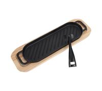 Gadpiparty Sartén de Hierro Fundido Ovalada con Base de Madera para Servir | Plancha Teppanyaki, Clip Térmico E Asa Aislada, Uso en Cocina Interior y Picnics