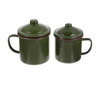 Gadpiparty Tazas de Esmalte Retro para Té y Café Tapa Ergonómica, Set de 2 Unidades en Verde Militar, Tamaños 8 CM y 9 CM, Ideales para Hogar y Oficina