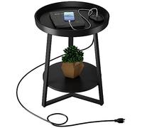 Gadroad Mesa auxiliar redonda con estación de carga, puertos USB y valla anticaída, mesa de madera y marco de metal negro, mesa auxiliar de 2 niveles para sala de estar, dormitorio, color negro, 15.7