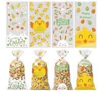 Gaduupa 50 bolsas de regalo de celofán de plástico con diseño de conejito de Pascua, bolsas de regalo de celofán transparente con lazos dorados para regalos de fiesta de Pascua