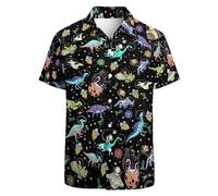 GADZILLE Camisa hawaiana para hombre, camisa casual con botones, manga corta, camisa de playa Aloha, camisa de fiesta, Espacio Dinosaurio, X-Large