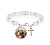 Gaehsmide Pulsera de cruz personalizada con foto para mujer, pulseras conmemorativas de cumpleaños, Navidad, Día de la Madre, regalo para mamá y abuela, One Size, Acero aleado, Sin piedra preciosa