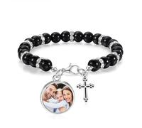 Gaehsmide Pulsera de cruz personalizada con foto para mujer, pulseras conmemorativas de cumpleaños, Navidad, Día de la Madre, regalo para mamá y abuela, One Size, Acero aleado, Sin piedra preciosa