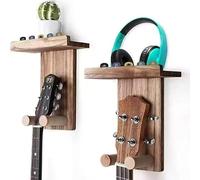 GAESHOW 2 soportes de pared para guitarra, gancho de madera maciza para guitarra y ukelele con estante, para guitarra, bajo, ukelele, exposición, salón, color negro carbonizado