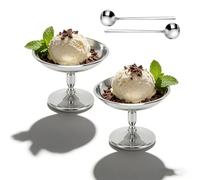 GAESHOW Juego de 2 tazones para helado, tazas de postre de acero inoxidable reutilizables con patas plateadas con cuchara, mini tazas de batido de leche para helado, postres, pudín, frutas, aperitivos