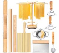 GAESHOW Kit de 10 herramientas para hacer pasta, juego de herramientas de madera para pasta, estante de secado, rodillos roscados y lisos, moldes de ravioles cuadrados/redondos, rueda cortadora