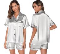 GAESHOW Pijama de mujer de satén de seda, pijama de mujer abotonado, pijama de verano corto pijama de 2 piezas, pijama suave de manga corta pijama, ropa para relajación, gris, M