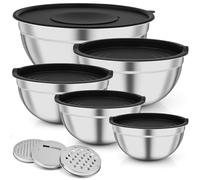 Gaethra Bol Acero Inoxidable, Set of 5, Stainless Steel Salad Bowl Set with Airtight Lid, 3 Grater Attachments, (4,5L/2,7L/1,5L/1,2L/0,7L), Stackable and Dishwasher Safe