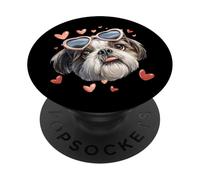 Gafas de corazón para el día de San Valentín con Perro Shih Tzu PopSockets PopGrip Adhesivo