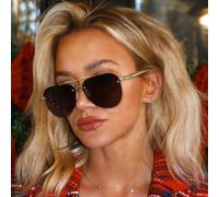 Gafas de moda sin montura de doble puente con marco de metal, lente tintada para exteriores, viajes, playa, vacaciones, accesorios decorativos para los ojos (dorado/gris)
