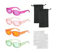 Gafas de montura cuadrada de 4 piezas con paño de gafas de 2 piezas, bolsas de gafas 2, gafas de sol retro, gafas de colores de moda, protección UV, adecuado para viajes, vacaciones en la playa