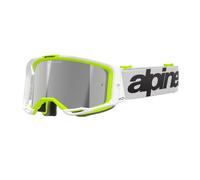 Gafas de motocross Alpinestars Vision 8 Wordmark blanco-amarillo fluorescente con lente plateada espejada